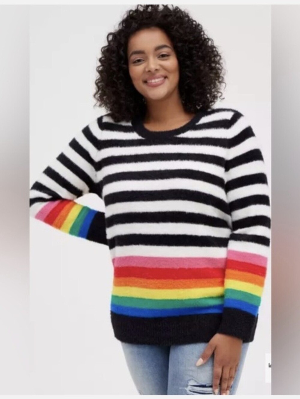 Torrid Sz 1X Cozy Black White Stripe Sweater Thick Heavy Rainbow Hem Winter Gear